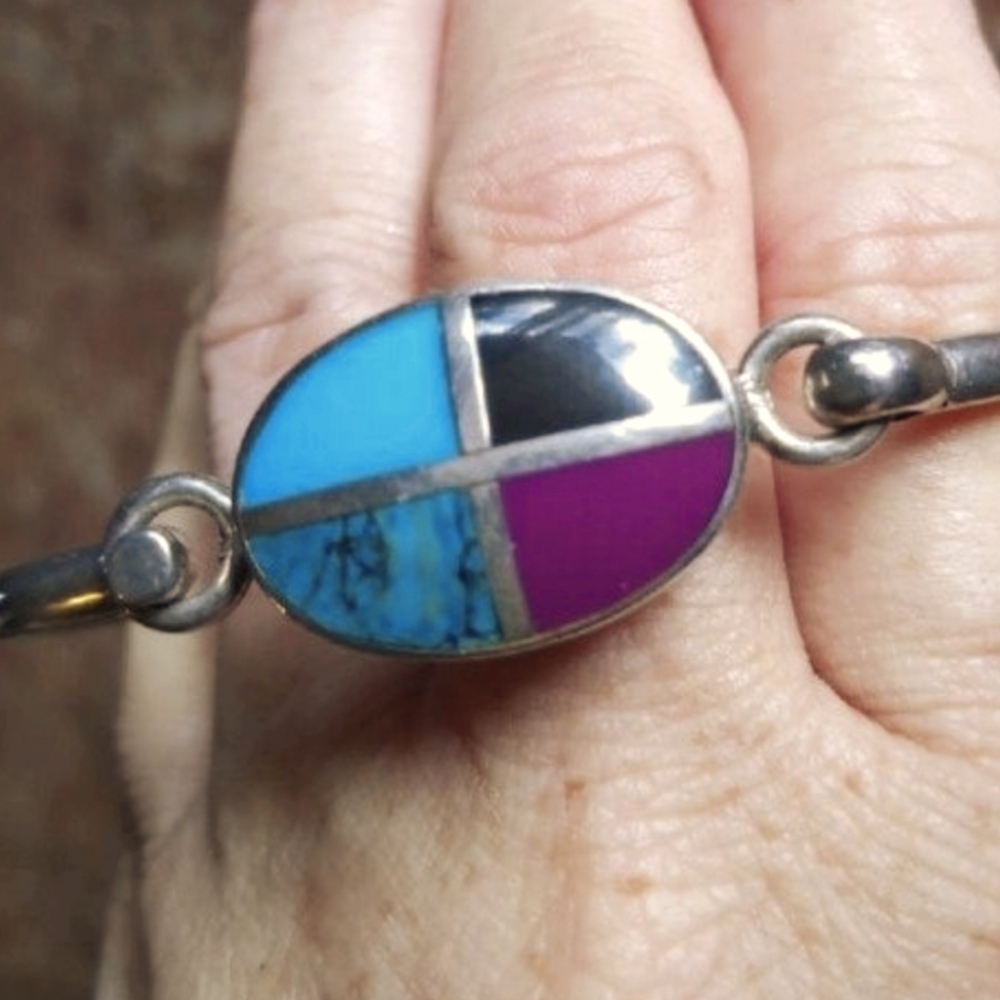 Taxco Vintage Turquoise, Sugilite, Calcedony and Onyx Bracelet - Picture 2 of 7